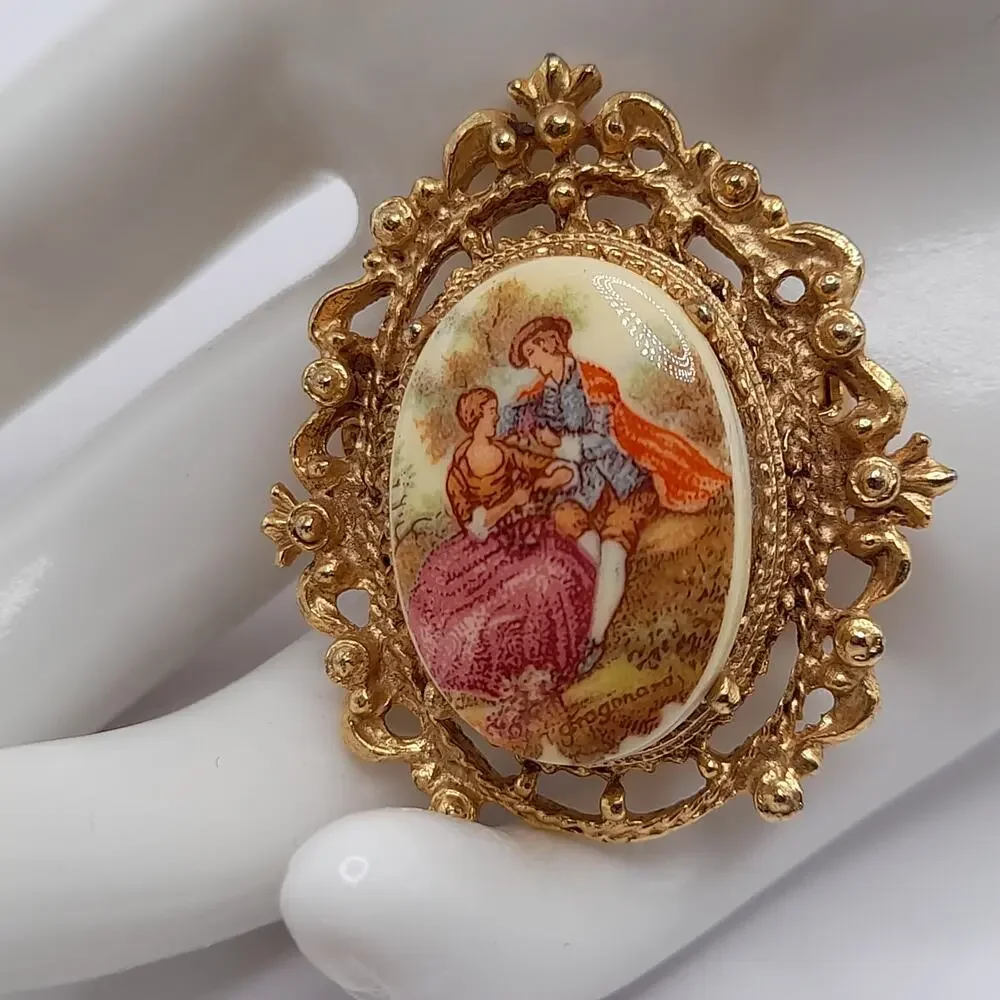 Vintage Courting Couple Porcelain Enamel Pin Brooch, 1960s, Signed